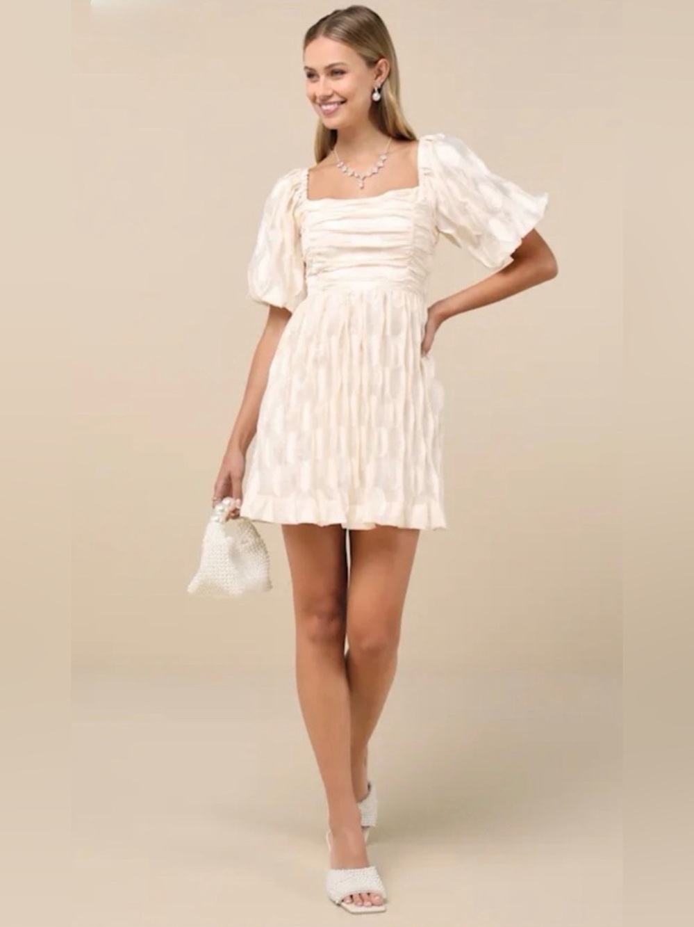 Lulus Prairie Mini Dress Smocked Bodice Creamy Puff Sleeves Polka Dot Shimmer XL